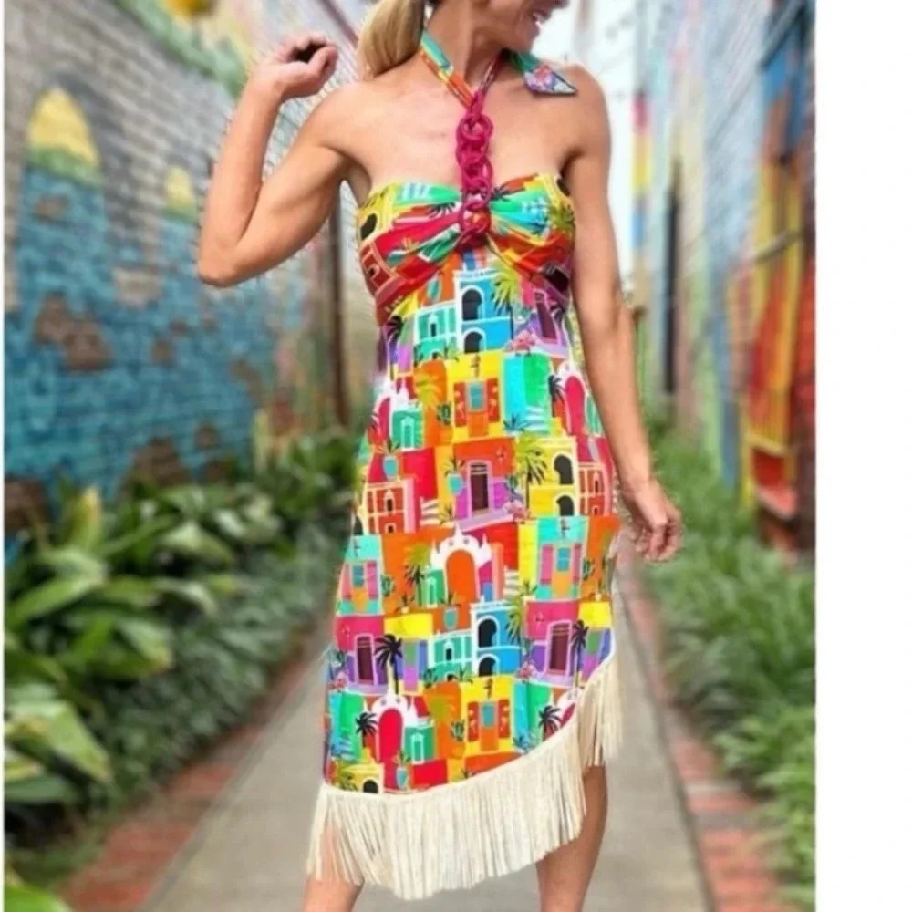 NWT Alden Adair Shoshana Dress Casablanca Print Halter Fringe Size Large